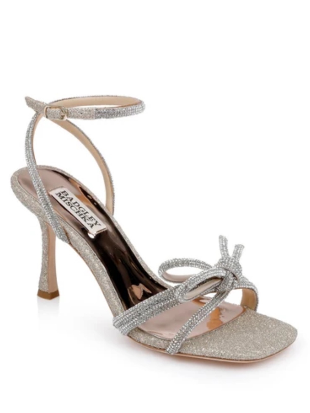 Badgley Mischka Silver Glitter Ankle-Strap Stiletto with Knot Detail